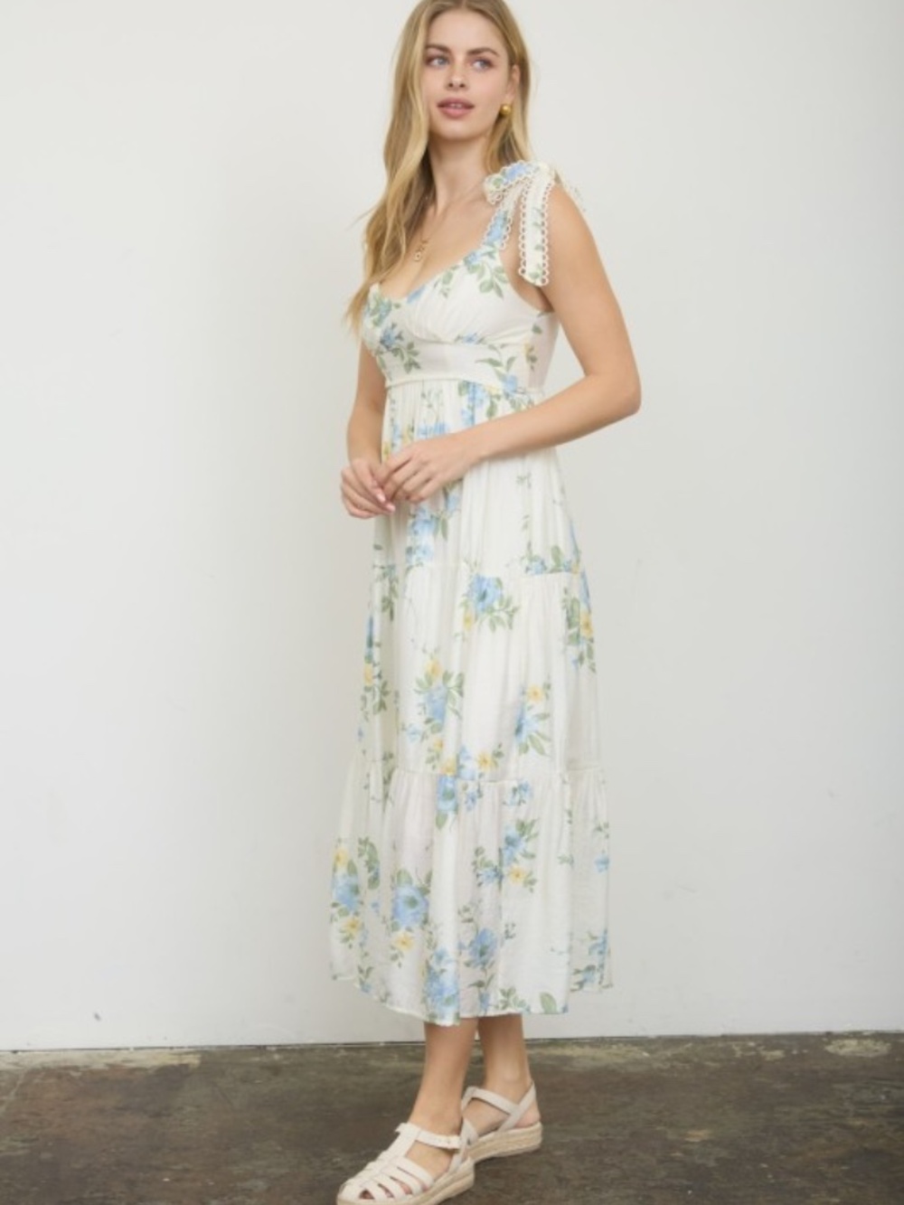 White Blue Yellow Floral Tiered Midi Dress Lace Tie Straps Large - Picture 4 of 14